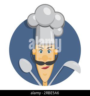 Cartoon cook in chef hat with spoon, ladle. Chef icon, flat vector illustration. Stock Vector