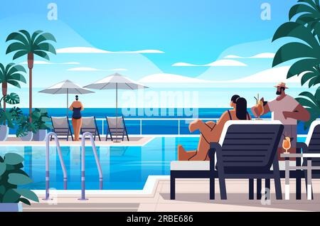 people relaxing at tropical luxury resort hotel beach swimming pool and poolside seating area summer vacation concept Stock Vector