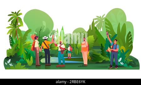 tourists taking photo in front of tropical jungle travel journey on holidays vacation people in summer tour Stock Vector