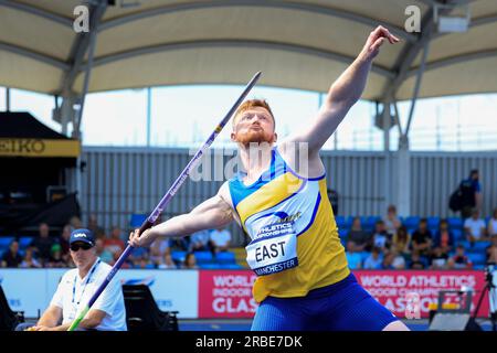 Benjamin East throws the Javelin during the UK Athletics Championships at Manchester Regional Arena, Manchester, United Kingdom, 9th July 2023  (Photo by Conor Molloy/News Images) Stock Photo