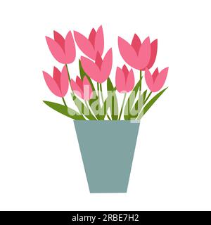 Flat pink tulips bouquet in vase Stock Vector