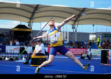 Benjamin East throws the Javelin during the UK Athletics Championships at Manchester Regional Arena, Manchester, United Kingdom, 9th July 2023  (Photo by Conor Molloy/News Images) Stock Photo