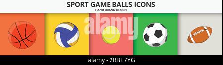 Collection of hand drawn game playing balls isolated on color backgrounds. Bright sportive logos. Vibrant vector sport cards Stock Vector