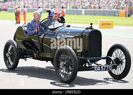 9th July 2023: Silverstone Circuit, Northamptonshire, England: Formula 1 2023 Aramco British F1 Grand Prix: Race Day;  Max Verstappen of the Red Bull Racing team waves to fans while being driven round Silverstone track before the Grand Prix Stock Photo