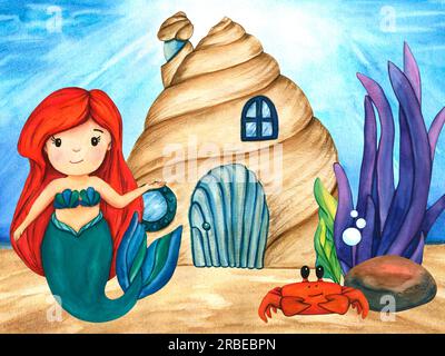 Watercolor illustrations shell house, cute mermaid, crab and violet seaweed. Seabed ocean, underwater landscape background with sunshine. Clip art Stock Photo