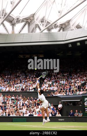 London, UK. 8th July 2023; All England Lawn Tennis and Croquet Club, London, England: Wimbledon Tennis Tournament; Carlos Alcaraz during his match with Nicolas Jerry Credit: Action Plus Sports Images/Alamy Live News Stock Photo