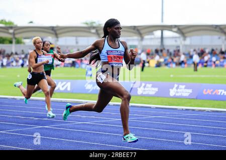 Daryll Neita wins her heat of the women’s 200m during the UK Athletics Championships at Manchester Regional Arena, Manchester, United Kingdom, 9th July 2023  (Photo by Conor Molloy/News Images) Stock Photo