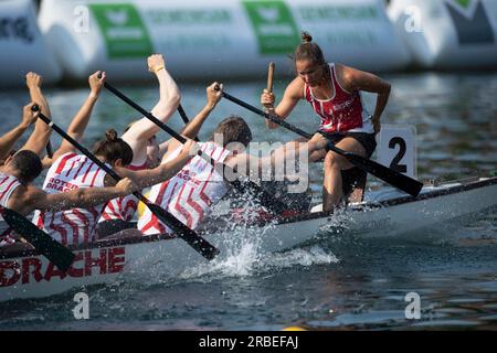 The boat from Roter Drache Muelheim, action, feature, marginal motifs, symbolic photo, final dragon boat mixed, canoe parallel sprint, canoe competitions on July 9th, 2023 in Duisburg/ Germany. The finals 2023 Rhine-Ruhr from 06.07 - 09.07.2023 Stock Photo