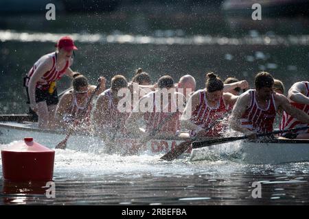 The boat of Roter Drache Muelheim, action, feature, marginal motifs, symbolic photo, final dragon boat mixed, canoe parallel sprint, canoe competitions on July 9th, 2023 in Duisburg/ Germany. The finals 2023 Rhine-Ruhr from 06.07 - 09.07.2023 Stock Photo