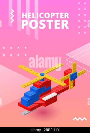 Vertical Poster with a helicopter assembled from plastic blocks in isometric style for print and design. Vector illustration. Stock Vector