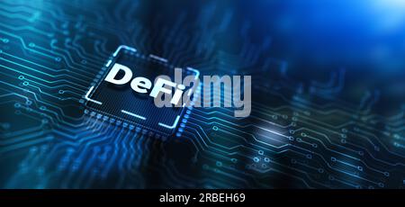 DeFi Decentralized Finance. Technology blockchain cryptocurrency concept on Server Room background. Stock Photo