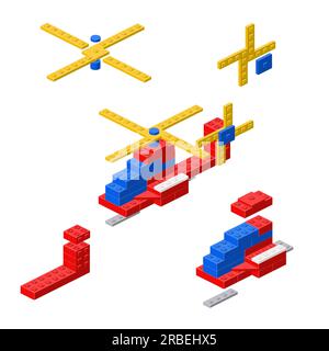 A concept with a helicopter and its parts assembled from plastic blocks in an isometric style. Vector illustration. Stock Vector