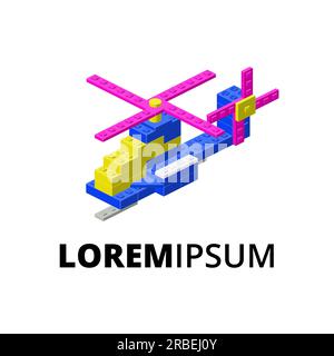 Logo with helicopter assembled from plastic blocks in isometric style for print and design. Vector illustration. Stock Vector