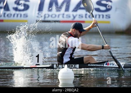 Max LEMKE (KC Potsdam), winner, gold medal, action, final canoe K1 men, men, canoe parallel sprint, canoe competitions on July 9th, 2023 in Duisburg/ Germany The finals 2023 Rhine-Ruhr from 06.07 - 09.07.2023 Stock Photo