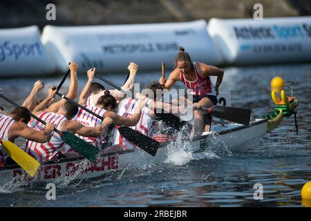 The boat of Roter Drache Muelheim, action, feature, marginal motifs, symbolic photo, final dragon boat mixed, canoe parallel sprint, canoe competitions on July 9th, 2023 in Duisburg/ Germany. The finals 2023 Rhine-Ruhr from 06.07 - 09.07.2023 Stock Photo