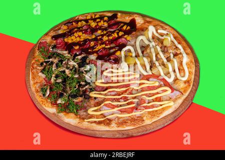 Pizza with bacon cheese and herbs on a wooden plate with cheese and cherry tomatoes. On a colored background. copy space Stock Photo