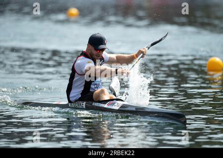 Max LEMKE (KC Potsdam), winner, gold medal, action, men's canoe K1 final, men, canoe parallel sprint, canoe competitions on July 9th, 2023 in Duisburg/ Germany The finals 2023 Rhine-Ruhr from 06.07 - 09.07.2023 Stock Photo