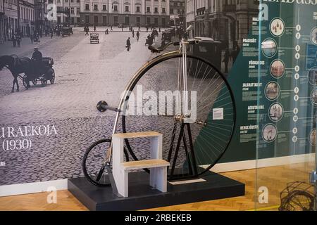Tartu, Estonia - June 11, 2023: Vintage high wheel bicycle, copy of the vehicle owned by George Waller, Englishman who became World Champion in London Stock Photo