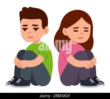 Sad depressed teenage boy and girl sitting on the floor hugging knees. Simple flat cartoon drawing. Mental health vector clip art illustration. Stock Vector