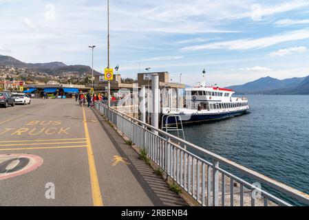 Intra-Verbania, Piedmont, Italy - April 9, 2023: The port with ferry boat in Verbania Intra on the lake Maggiore. Stock Photo
