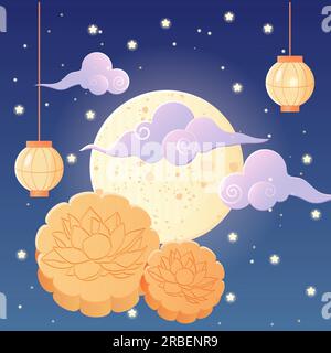 midautumn festival, moon, Chinese lantern, starry sky and mooncake Stock Vector