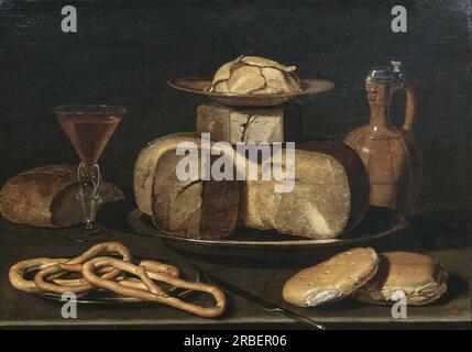 Still Life with Cheese, Jar, Pretzels, Bread and Wine 1630 by Clara Peeters Stock Photo
