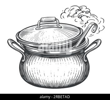 https://l450v.alamy.com/450v/2rbetad/pot-with-cooking-soup-and-ladle-and-lid-food-preparation-in-saucepan-sketch-vector-illustration-2rbetad.jpg