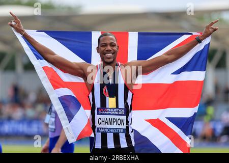 Zharnel Hughes celebrates winning the men’s 200m final during the UK Athletics Championships at Manchester Regional Arena, Manchester, United Kingdom, 9th July 2023  (Photo by Conor Molloy/News Images) in Manchester, United Kingdom on 7/9/2023. (Photo by Conor Molloy/News Images/Sipa USA) Stock Photo