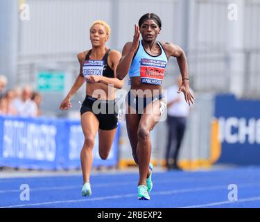 Daryll Neita wins the women’s 200m final during the UK Athletics Championships at Manchester Regional Arena, Manchester, United Kingdom, 9th July 2023  (Photo by Conor Molloy/News Images) Stock Photo