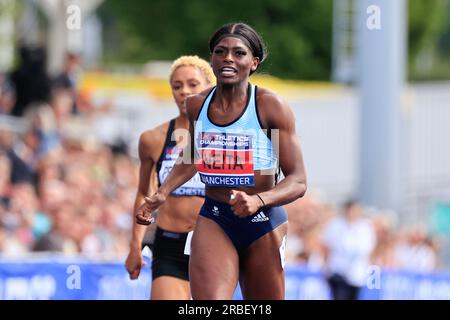 Daryll Neita wins the women’s 200m final during the UK Athletics Championships at Manchester Regional Arena, Manchester, United Kingdom, 9th July 2023  (Photo by Conor Molloy/News Images) Stock Photo