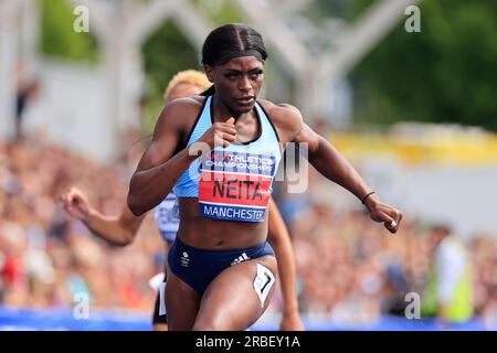 Daryll Neita wins the women’s 200m final during the UK Athletics Championships at Manchester Regional Arena, Manchester, United Kingdom, 9th July 2023  (Photo by Conor Molloy/News Images) Stock Photo