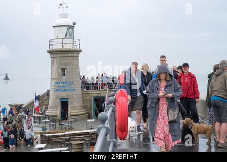 Folkestone, Kent UK. 9th July 2023. Tall Ship Thalassa leaving Folkestone Harbour today, begin their five-day voyage to Boulogne taking 60 young people from both UK and France to partake in a variety of sports activities. Hundreds of well-wisher and general public came to bid the bon voyage. Credit:   Xiu Bao/Alamy Live News Stock Photo