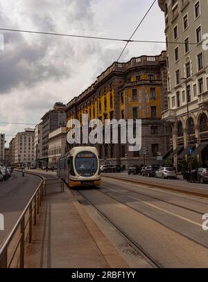 Milano, Italy - April 21, 2023: The famous tram, a typical and traditional transportation mean in Milan Stock Photo