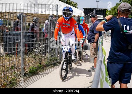 Besancon, France. 09th July, 2023. BESANCON, FRANCE - JULY 9: Jay Schippers of the Netherlands of the Netherlands before competing in the Men's Team Time Trial Qualifications during Day 3 of the 2023 UEC BMX European Championships at Complexe sportif du Rosemont on July 9, 2023 in Besancon, France (Photo by Rene Nijhuis/BSR Agency) Credit: BSR Agency/Alamy Live News Stock Photo