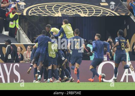 Lusail, Qatar, 18th. December 2022. Kylian Mbappé celebrates his team’s second goal to make the score  during the match between Argentina vs. France, Stock Photo