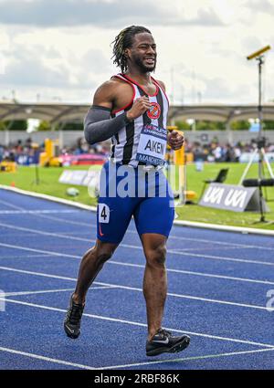 Manchester, UK. 9th July 2023; Manchester Regional Arena, Manchester, Lancashire, England; 2023 Muller UK Athletics Championships Manchester; Krishawn Aiken Credit: Action Plus Sports Images/Alamy Live News Stock Photo