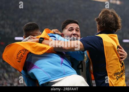 Lusail, Qatar, 18th. December 2022. Enzo Fernandez celebrates his team’s third goal to make the score  during the match between Argentina vs. France, Stock Photo