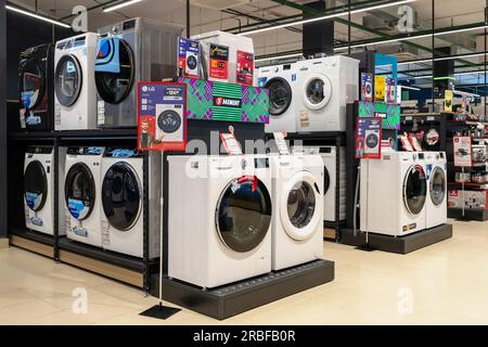 Washing machines in appliance store. Minsk, Belarus, 2023 Stock Photo