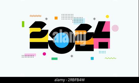 2024 Happy New Year colors letters and memphis style elements. Template design for new year dance party or Christmas holiday flyer. Vector card Stock Vector