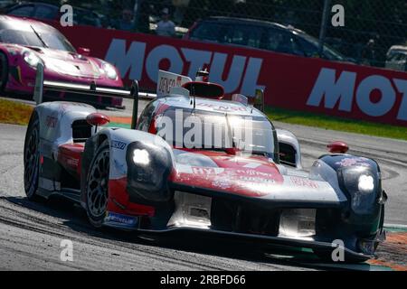 Monza, Italy. 09th July, 2023. The #7 TOYOTA GAZOO RACING (JPN), Toyota GR010 - Hybrid, Mike Conway (GBR), Kamui Kobayashi (JPN), Jose Maria Lopez (ARG) during the FIA WEC - 6 hours of Monza - World Endurance Championship at Autodromo di Monza on July 9th, 2023 in Monza, Italy. Credit: Luca Rossini/E-Mage/Alamy Live News Stock Photo