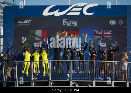 Monza, Italy. 09th July, 2023. The podium of LMGTE category after the FIA WEC - 6 hours of Monza - World Endurance Championship at Autodromo di Monza on July 9th, 2023 in Monza, Italy. Credit: Luca Rossini/E-Mage/Alamy Live News Stock Photo