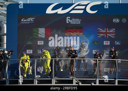 Monza, Italy. 09th July, 2023. The podium of LMGTE category after the FIA WEC - 6 hours of Monza - World Endurance Championship at Autodromo di Monza on July 9th, 2023 in Monza, Italy. Credit: Luca Rossini/E-Mage/Alamy Live News Stock Photo