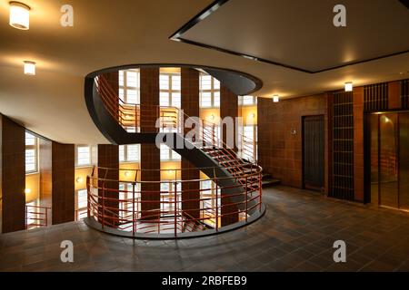 Hamburg, Germany - June 16 2023: Sprinkenhof Expressionist Interior Staircase Stock Photo