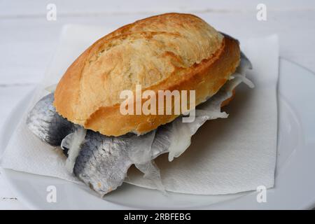 Fischbroetchen with Bismarck Hering, a Pickled Herring Fish Sandwich in a Bun Stock Photo