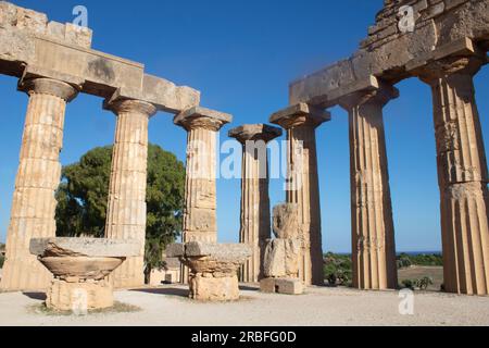 The reconstructed Temple of Hera - ruins of a Greek Temple in Selinunte  - Selinus - in the far west of Sicily, Italy Stock Photo