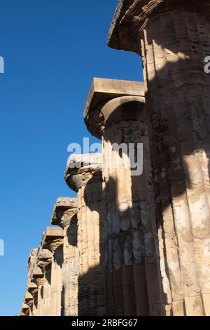 The reconstructed Temple of Hera - ruins of a Greek Temple in Selinunte  - Selinus - in the far west of Sicily, Italy Stock Photo