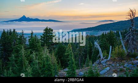 Foggy Oregon Valley at Sunrise | Crater Lake National Park, Oregon, USA Stock Photo