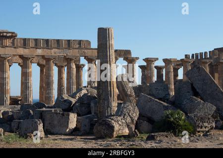 The reconstructed Temple of Hera - ruins of a Greek Temple in Selinunte  - Selinus - in the far west of Sicily, Italy Stock Photo