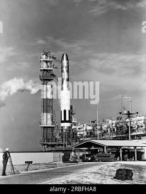 Cape Canaveral, Florida:   February 6, 1959. A Titan missile, the Air Force's newest intercontinental ballistic missile for the Strategic Air Command (SAC), is readied for a test launching. Stock Photo