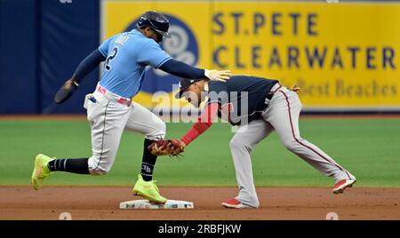 Tampa Bay Rays' Yandy Diaz steps into the batters box, wearing a rainbow  arm band as the Rays celebrate Pride day, during a baseball game against  the Texas Rangers Saturday, June 10